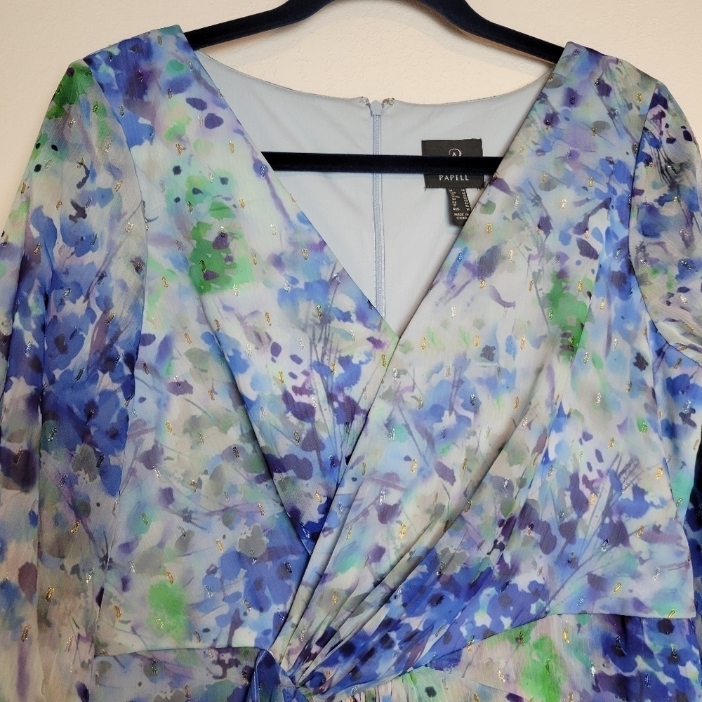 NWT Adrianna Papell Abstract Floral Metallic Chiffon Blue High-Low Dress Size 10 - Picture 6 of 16